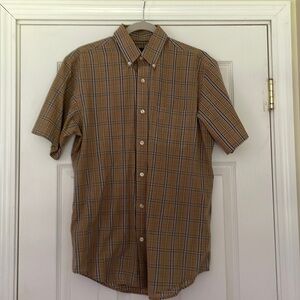 Men’s arrow tan plaid button down short sleeve dress shirt size small